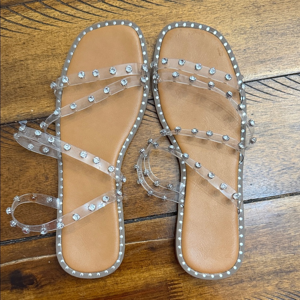 SHEIN Tan Flats with Clear Embellished Straps